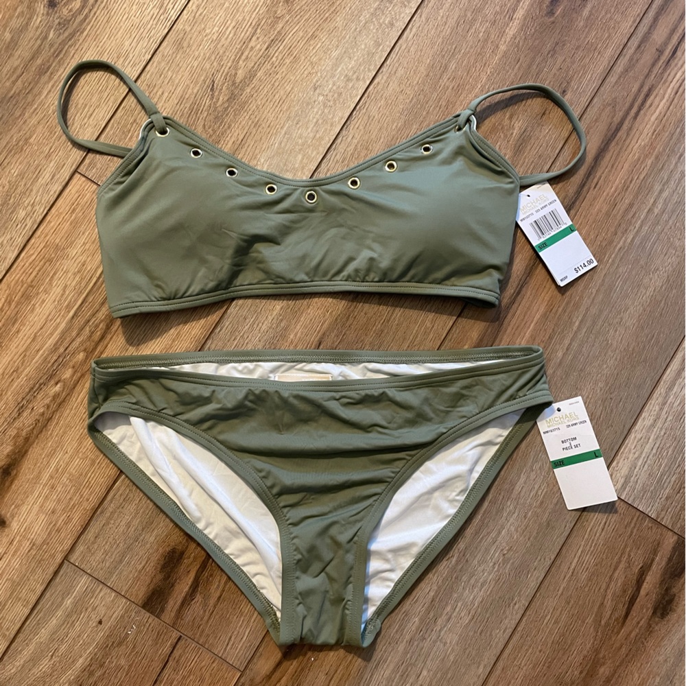 New With Tags Michael Kors L Army Green 2 Piece Banded Bikini Swim Suit